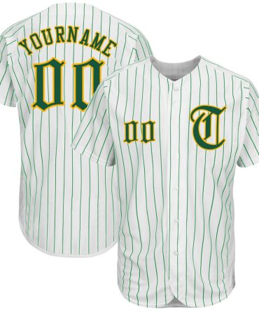 Cool Baseball Jersey, Custom White Kelly Green Pinstripe Kelly Green Gold Authentic Baseball Jersey, Best Baseball Jerseys