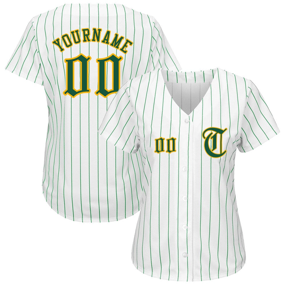 Cool Baseball Jersey, Custom White Kelly Green Pinstripe Kelly Green Gold Authentic Baseball Jersey, Best Baseball Jerseys - Image 2