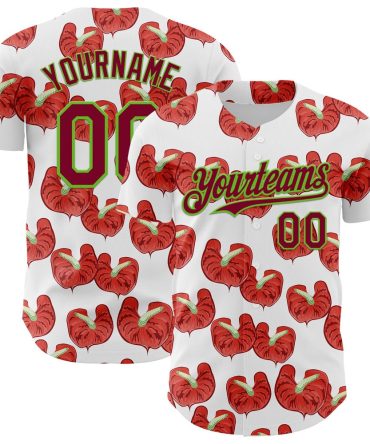 Cool Baseball Jersey, Custom White Maroon Aurora Green 3D Pattern Design Tropical Anthurium Flower Authentic Baseball Jersey