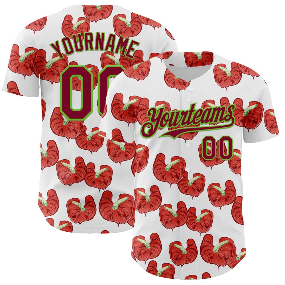 Cool Baseball Jersey, Custom White Maroon Aurora Green 3D Pattern Design Tropical Anthurium Flower Authentic Baseball Jersey