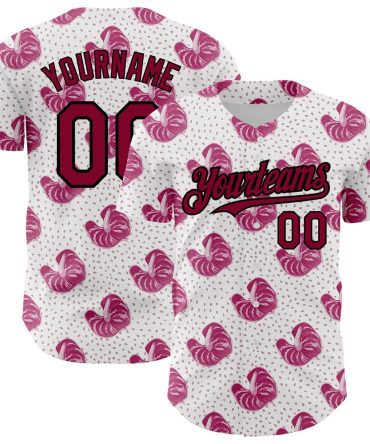 Cool Baseball Jersey, Custom White Maroon Black 3D Pattern Design Tropical Anthurium Flower Authentic Baseball Jersey
