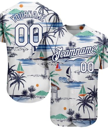 Cool Baseball Jersey, Custom White Navy 3D Pattern Design Hawaii Palm Trees Island And Sailboat Authentic Baseball Jersey