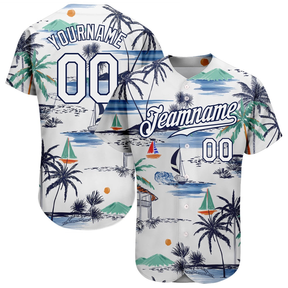Cool Baseball Jersey, Custom White Navy 3D Pattern Design Hawaii Palm Trees Island And Sailboat Authentic Baseball Jersey
