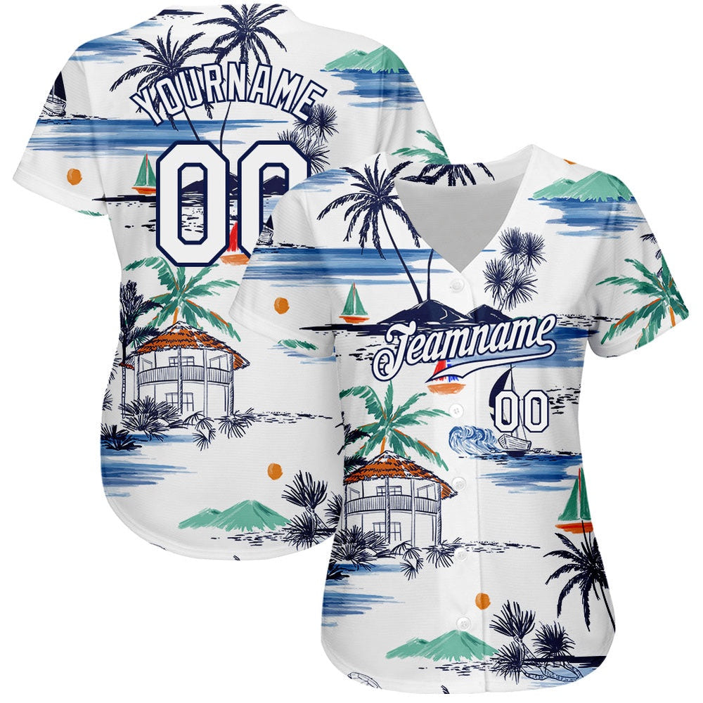 Cool Baseball Jersey, Custom White Navy 3D Pattern Design Hawaii Palm Trees Island And Sailboat Authentic Baseball Jersey - Image 2