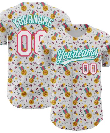 Cool Baseball Jersey, Custom White Neon Pink Aqua 3D Pattern Design Champion Medal Authentic Baseball Jersey, Best Baseball Jerseys
