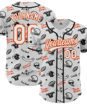 Cool Baseball Jersey, Custom White Orange 3D Pattern Design Football Helmet And Football Elements Authentic Baseball Jersey