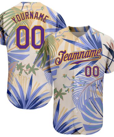 Cool Baseball Jersey, Custom White Purple Gold 3D Pattern Design Hawaii Palm Leaves And Flowers Authentic Baseball Jersey