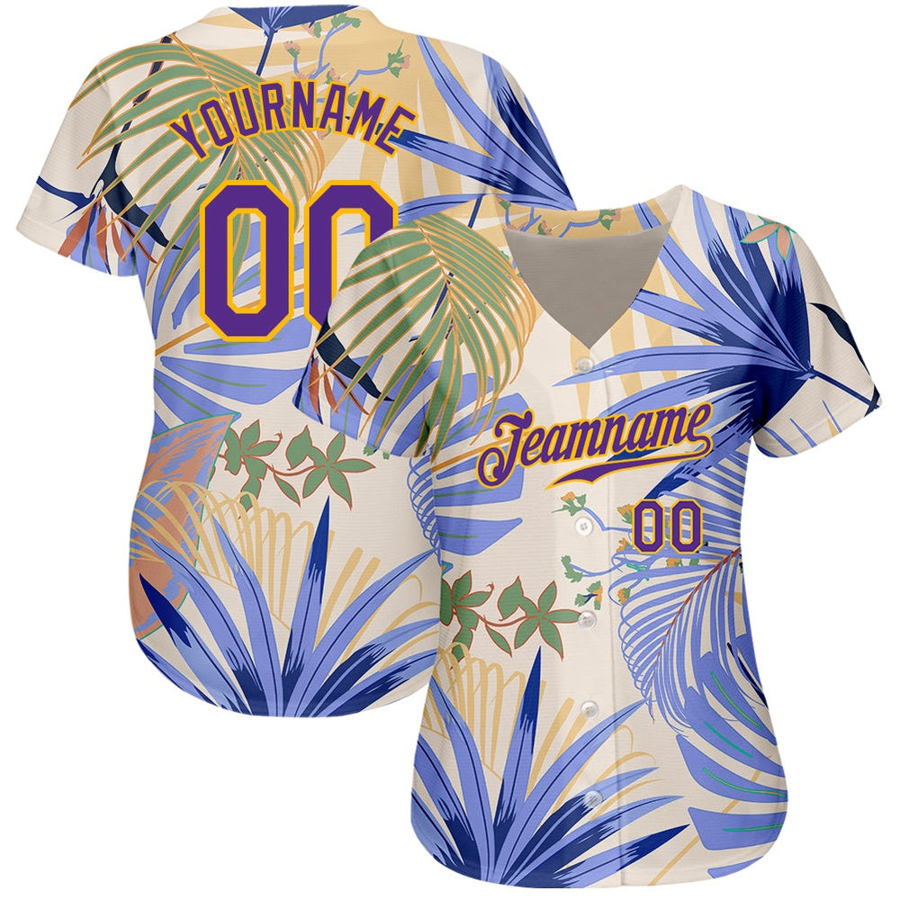 Cool Baseball Jersey, Custom White Purple Gold 3D Pattern Design Hawaii Palm Leaves And Flowers Authentic Baseball Jersey - Image 2