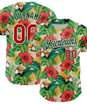 Cool Baseball Jersey, Custom White Red Green 3D Pattern Design Tropical Plant And Bird Authentic Baseball Jersey, Best Baseball Jerseys
