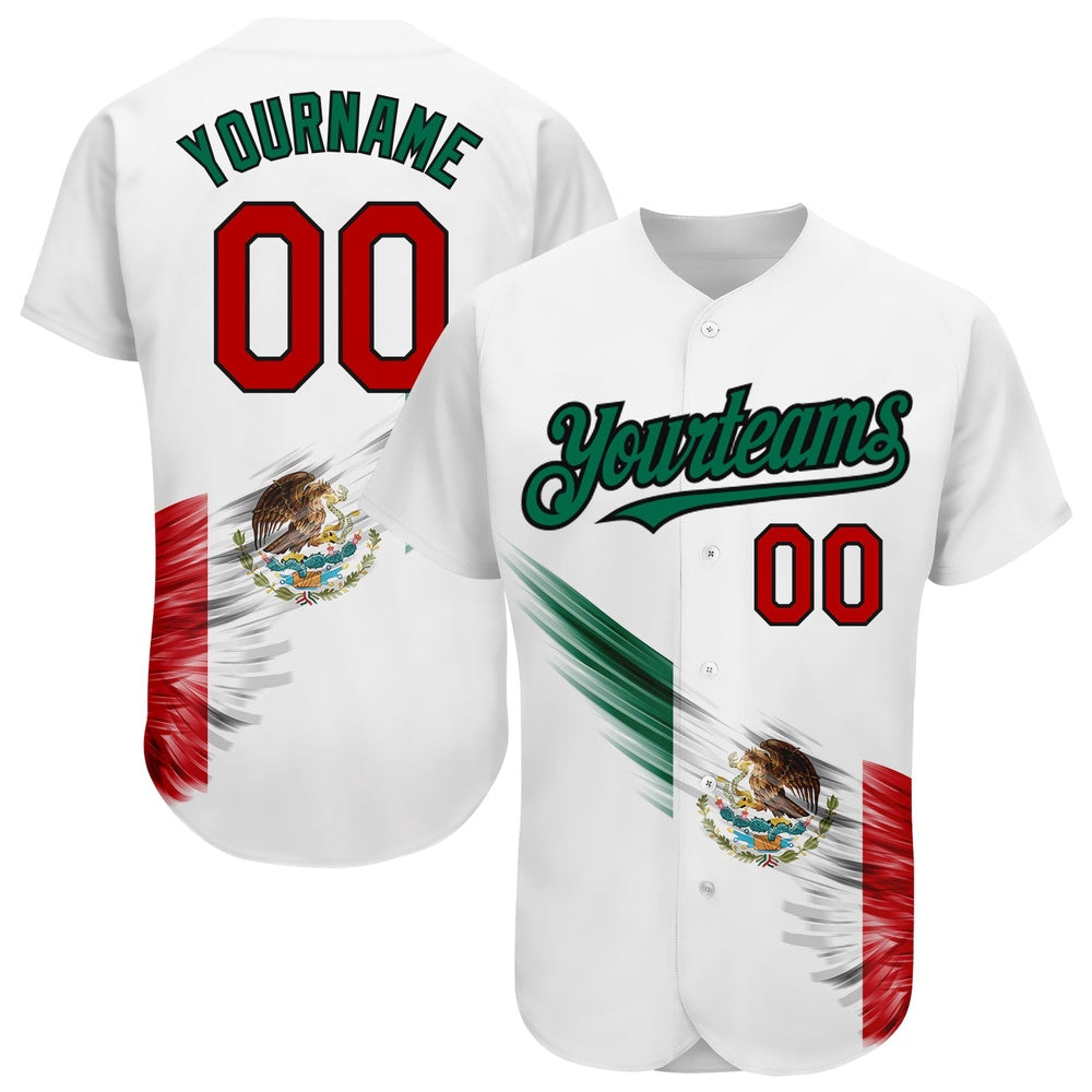 Cool Baseball Jersey, Custom White Red Kelly Green Black 3D The Abstract Wing With Mexican Flag Authentic Baseball Jersey