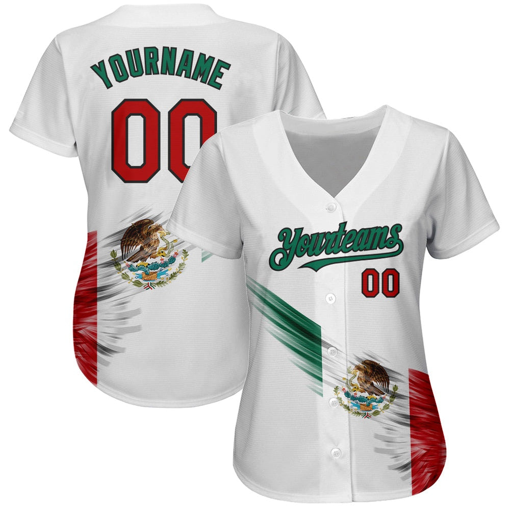 Cool Baseball Jersey, Custom White Red Kelly Green Black 3D The Abstract Wing With Mexican Flag Authentic Baseball Jersey - Image 2