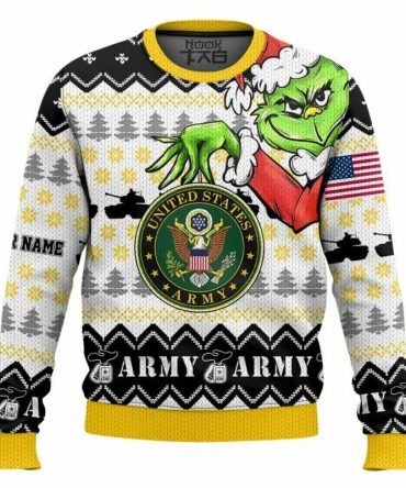 Custom Name Grinch x US Army Ugly Christmas Sweater, Grinch Holiday Sweater