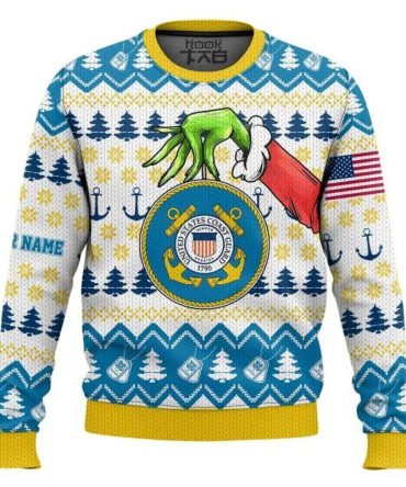 Custom Name Grinch x US Coast Guard Ugly Sweater, Grinch Holiday Sweater