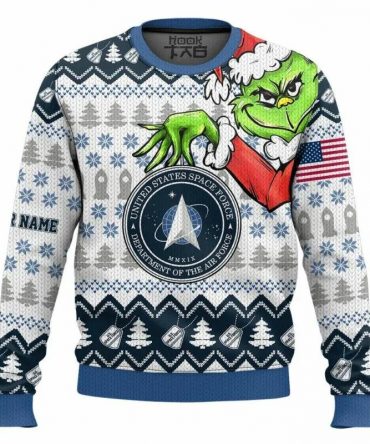 Custom Name Grinch x US Space Force Ugly Christmas Sweater, Grinch Holiday Sweater