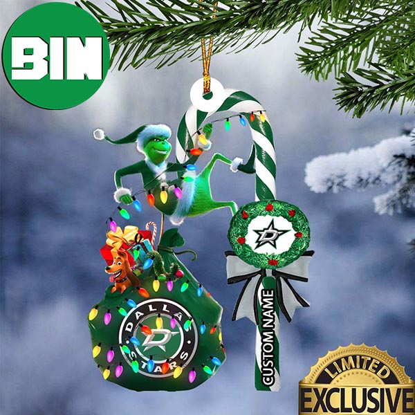 Dallas Stars NHL Grinch Candy Cane Custom Name Xmas Gifts Christmas Tree Decorations Ornament