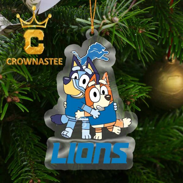 Detroit Lions Bluey And Bingo Acrylic NFL Christmas Tree Decoration Ornament