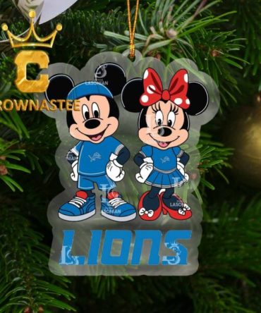 Detroit Lions Mickey And Minnie Rugby NFL Arcylic Christmas Tree Decor Ornament