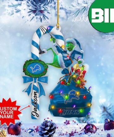 Detroit Lions NFL x Grinch Custom Name Candy Cane Christmas Tree Decorations Ornament