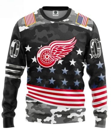 Detroit Red Wings American Flag Custom Number Ugly Christmas Sweater, NHL Christmas Sweater