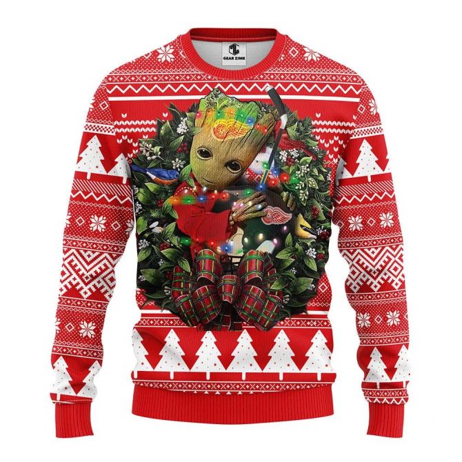 Detroit Red Wings Groot Hug Ugly Christmas Sweater, NHL Christmas Sweater