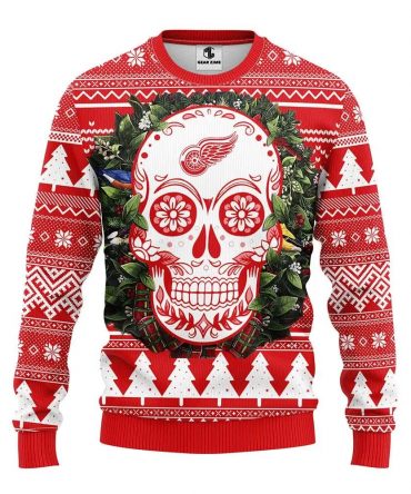Detroit Red Wings Skull Flower Ugly Christmas Sweater, NHL Christmas Sweater