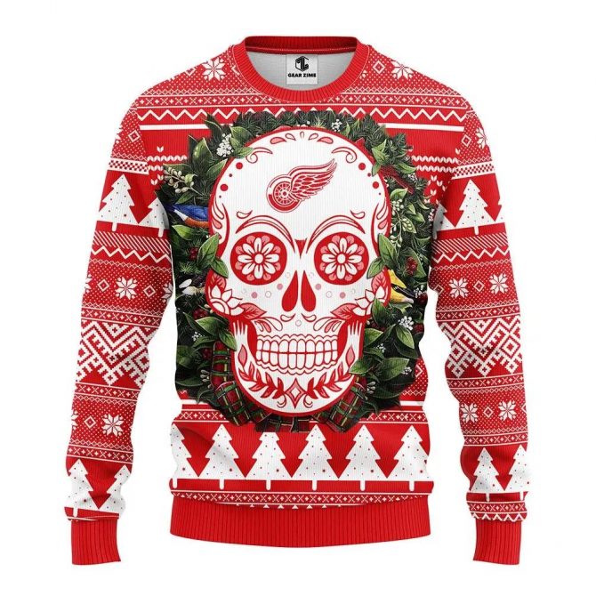 Detroit Red Wings Skull Flower Ugly Christmas Sweater, NHL Christmas Sweater