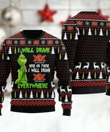 Dos Equis Grinch Will Drink Everywhere Ugly Sweater, Grinch Holiday Sweater