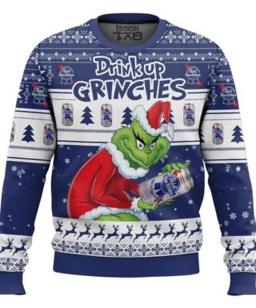 Drink Up Grinches Stolen Pabst Blue Ribbon Ugly Sweater, Grinch Holiday Sweater