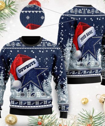 Dallas Cowboys Symbol Wearing Santa Claus Hat Ho Ho Ho Custom Name Ugly Sweater, Christmas Sweater Dallas Cowboys