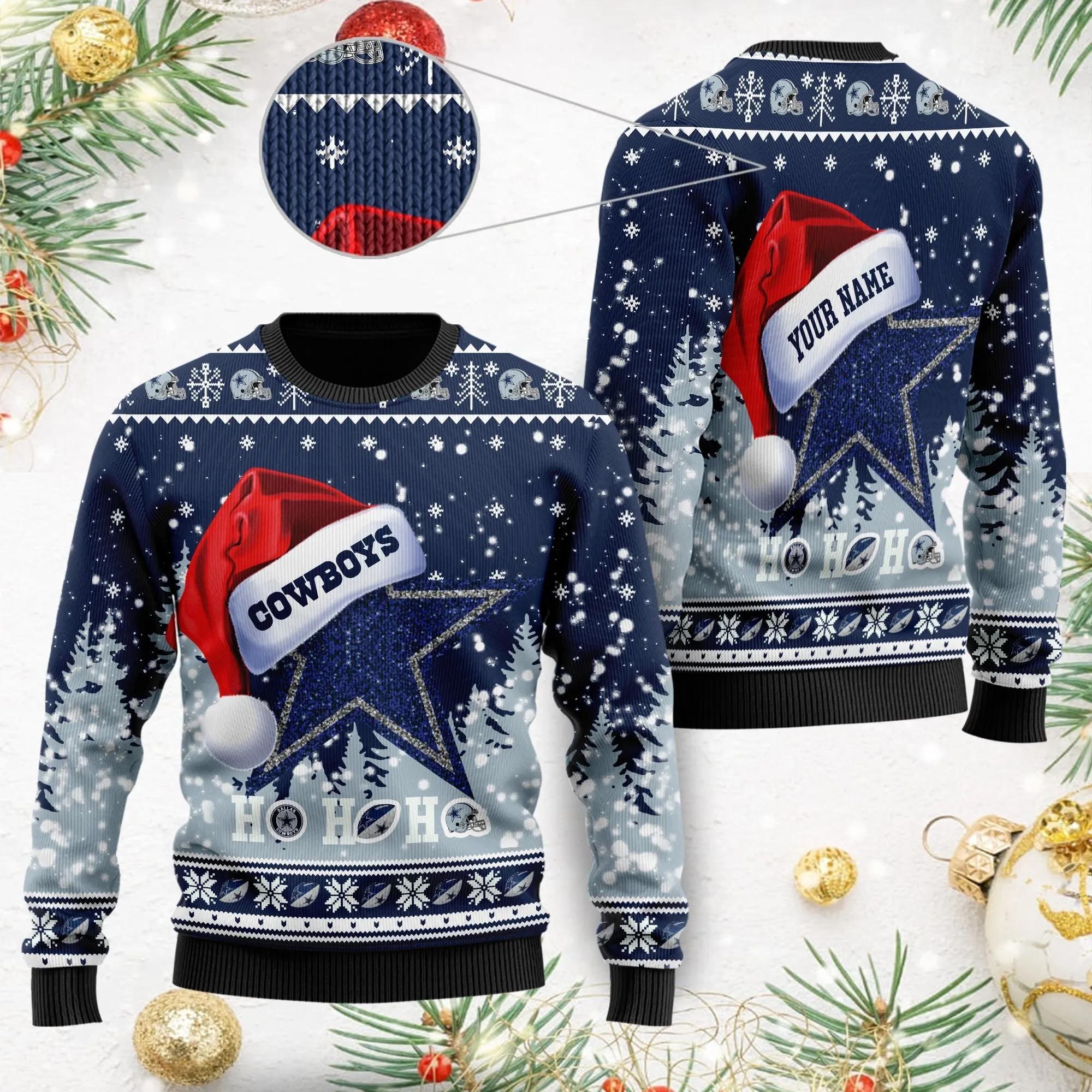 Dallas Cowboys Symbol Wearing Santa Claus Hat Ho Ho Ho Custom Name Ugly Sweater, Christmas Sweater Dallas Cowboys