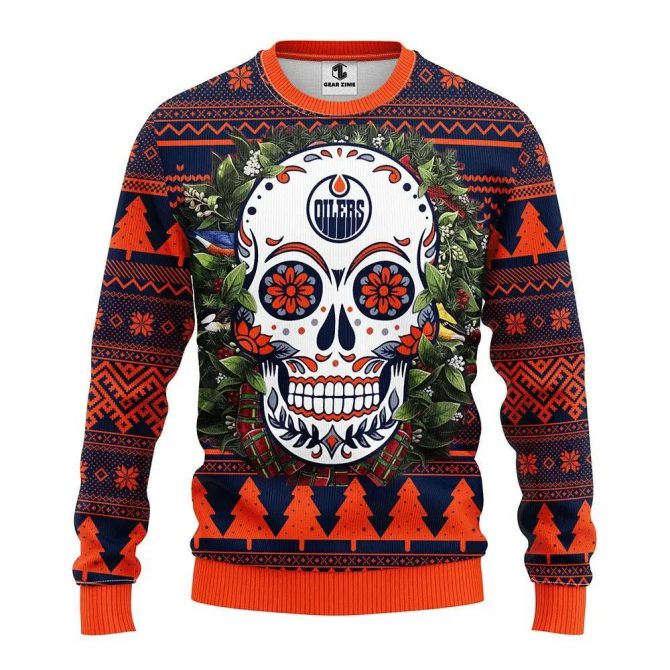 Edmonton Oilers Skull Flower Ugly Christmas Sweater, NHL Christmas Sweater