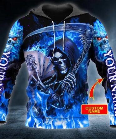 Grim Reaper Blue Fire Skull Custom 3D Hoodie