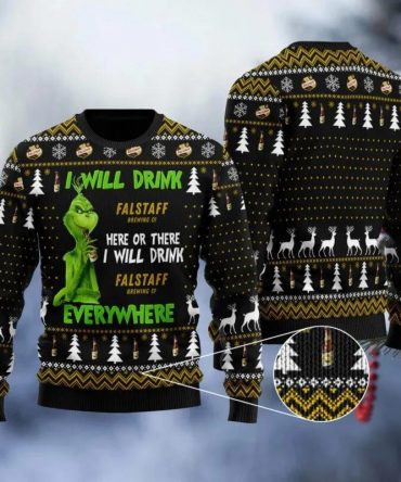 Falstaff Grinch Will Drink Everywhere Ugly Sweater, Grinch Holiday Sweater