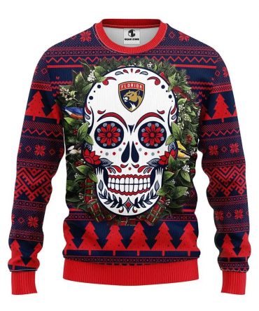 Florida Panthers Skull Flower Ugly Christmas Sweater, NHL Christmas Sweater