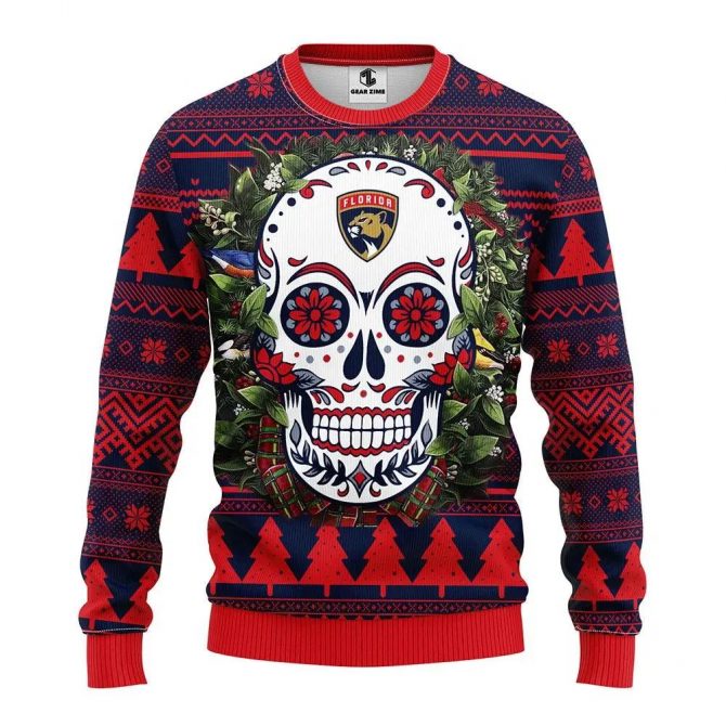 Florida Panthers Skull Flower Ugly Christmas Sweater, NHL Christmas Sweater