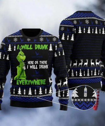Grey Goose Grinch Will Drink Everywhere Ugly Sweater, Grinch Holiday Sweater