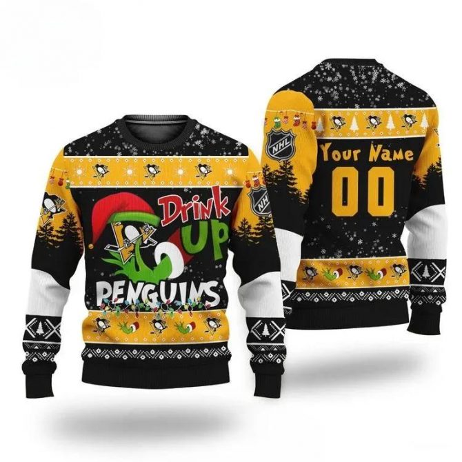 Grinch Drink Up Pittsburgh Penguins Custom Ugly Christmas Sweater, NHL Christmas Sweater