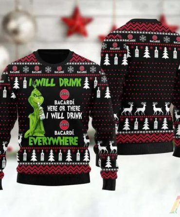 Grinch I Will Drink Bacardi Wine Everywhere Ugly Christmas Sweater, Grinch Holiday Sweater