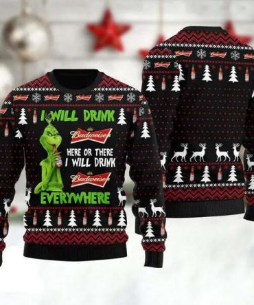 Grinch I Will Drink Budweiser Everywhere Ugly Christmas Sweater, Grinch Holiday Sweater