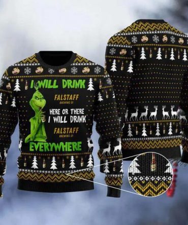 Grinch I Will Drink Falstaff Beer Everywhere Christmas Ugly Sweater, Grinch Holiday Sweater
