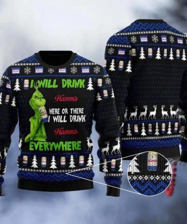Grinch I Will Drink Hamms Everywhere Christmas Pullover Sweaters, Grinch Holiday Sweater
