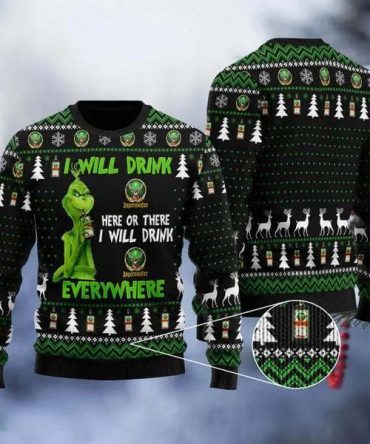 Grinch I Will Drink Jagermeister Everywhere Ugly Christmas Sweater, Grinch Holiday Sweater