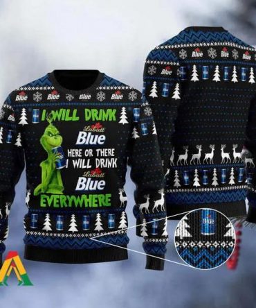 Grinch I Will Drink Labatt Blue Everywhere Ugly Christmas Sweater, Grinch Holiday Sweater
