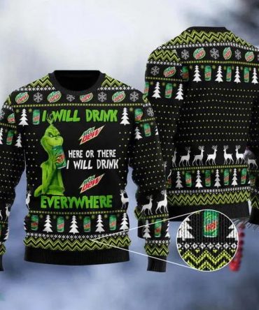 Grinch I Will Drink Mountain Dew Everywhere Ugly Christmas Sweater, Grinch Holiday Sweater