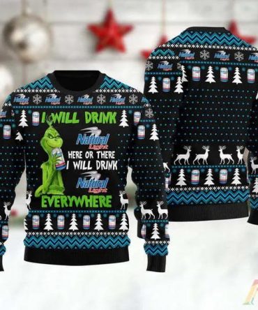 Grinch I Will Drink Natural Light Everywhere Ugly Sweater, Grinch Holiday Sweater