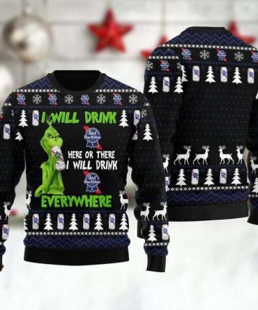 Grinch I Will Drink Pabst Blue Ribbon Everywhere Ugly Christmas Sweater, Grinch Holiday Sweater