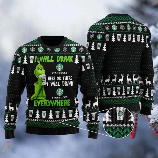 Grinch I Will Drink Starbucks Everywhere Ugly Christmas Sweater, Grinch Holiday Sweater