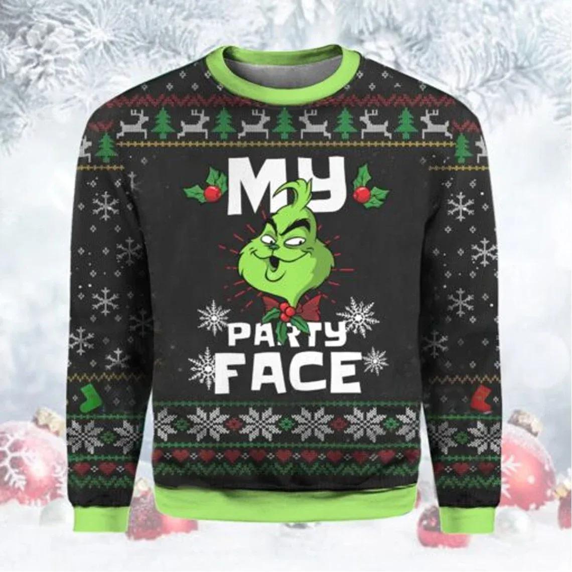 Grinch Party Face Ugly Christmas Sweater, Grinch Xmas Sweater