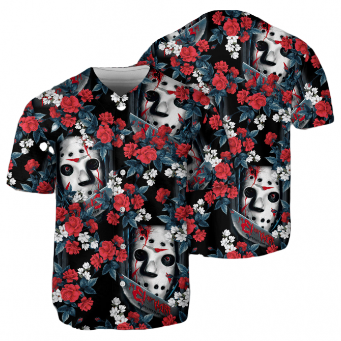 Spooky Floral Horror Mask Baseball Jersey – Unique Halloween Shirt For Fans