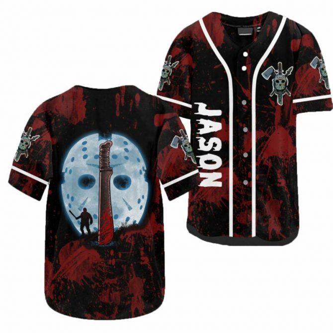 Men'S Horror Movie Baseball Jersey - Jason Mask & Machete Design - Perfect For Fans & Halloween